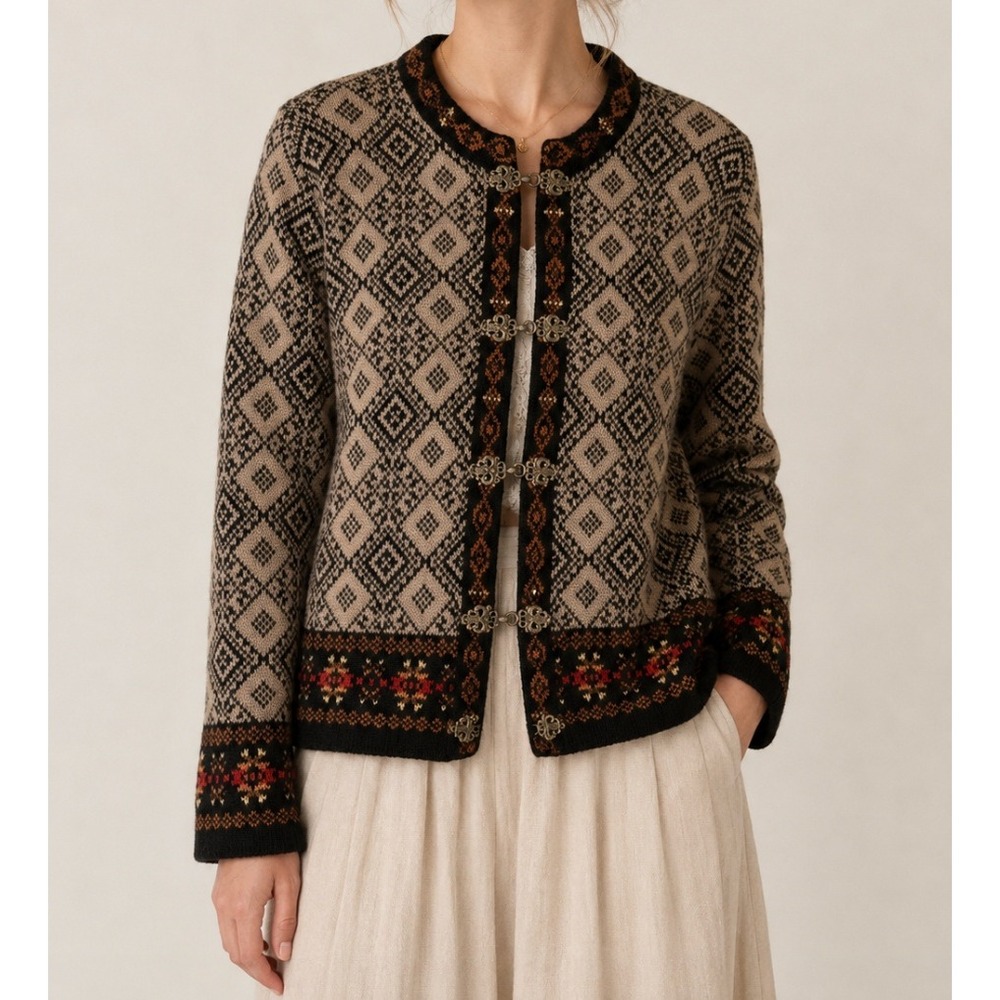 VTG Telluride Wool Fair Isle Fall Cardigan Sweater Diamond Brown Metal Clasp